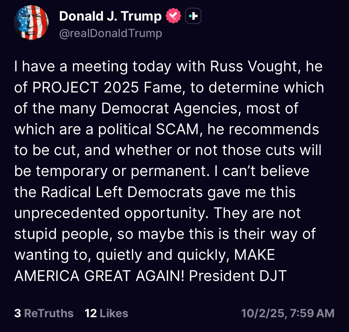 🚨 Now we know what President Trump was talking about when he said this shutdown would be great for the Republicans. Let the epic meltdowns on the left continue. I also love how he threw in Project 2025 for added effect🤣😭🤣