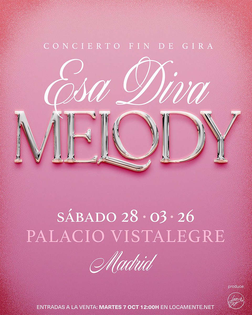💖 El 28 de marzo de 2026 nos vemos en el Palacio Vistalegre de Madrid para celebrar juntos el fin de gira de Esa Diva 🥹🥹🥹
Un concierto único con muchas sorpresas  💋
🎟️ Entradas a la venta el martes 7 de octubre a las 12h.
Nos espera una noche irrepetible ✨