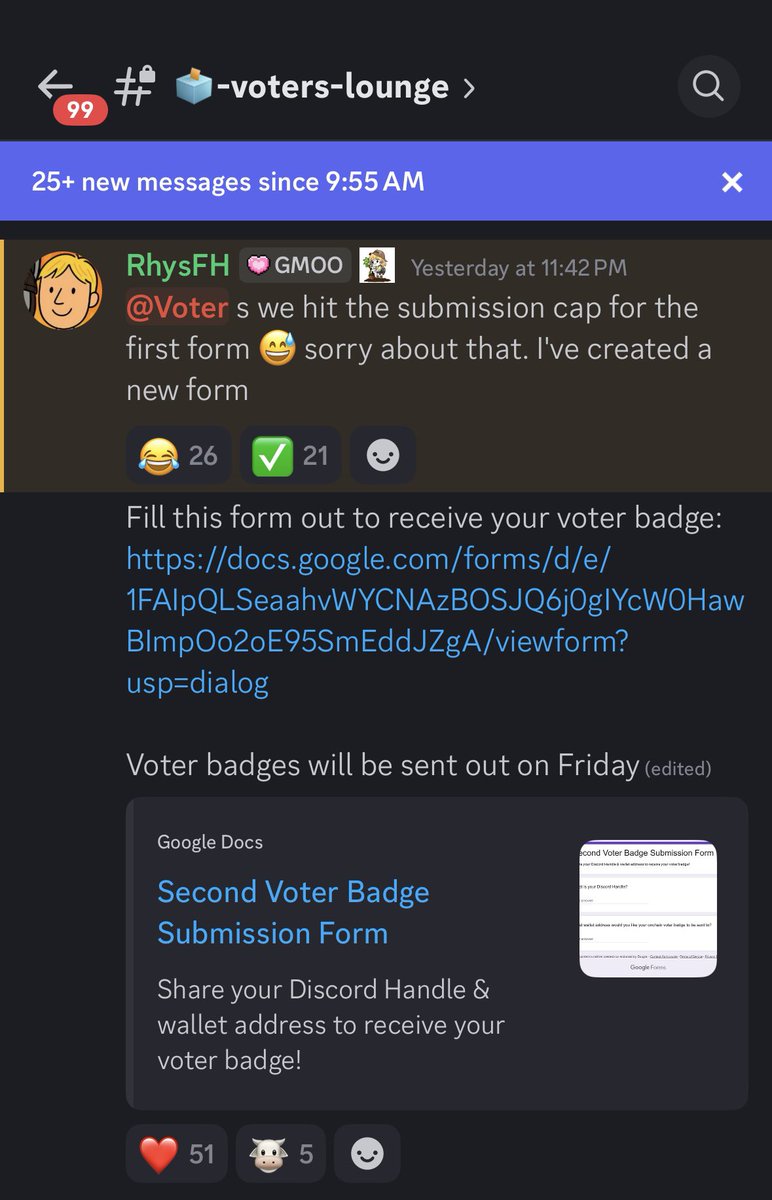 gMoo 🐮

A new form has been opened on the <a href="/commondotxyz/">Common</a> Discord for those with the Voter role.

Simply enter your Discord username and the wallet where you’d like to receive the badge, then submit the form.

Don’t be a lazy and catch a badge!