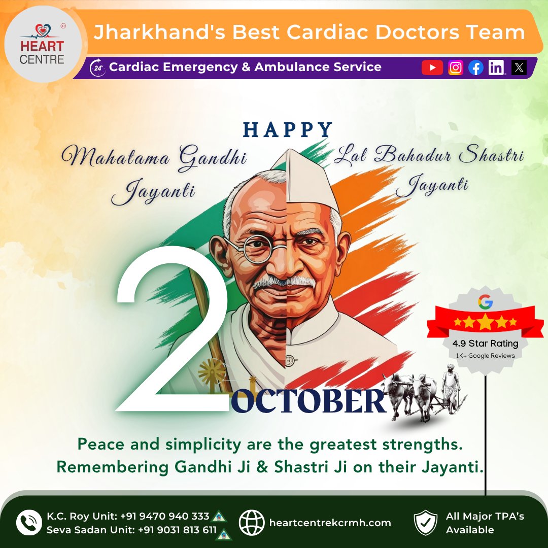 HeartCentre3's tweet image. Celebrating the timeless values of peace and simplicity on this special day. Remembering Mahatma Gandhi and Lal Bahadur Shastri Ji, whose legacies inspire us to lead with strength and compassion. Happy 2nd October!
.
.
.
.
#GandhiJayanti #ShastriJayanti #PeaceAndSimplicity