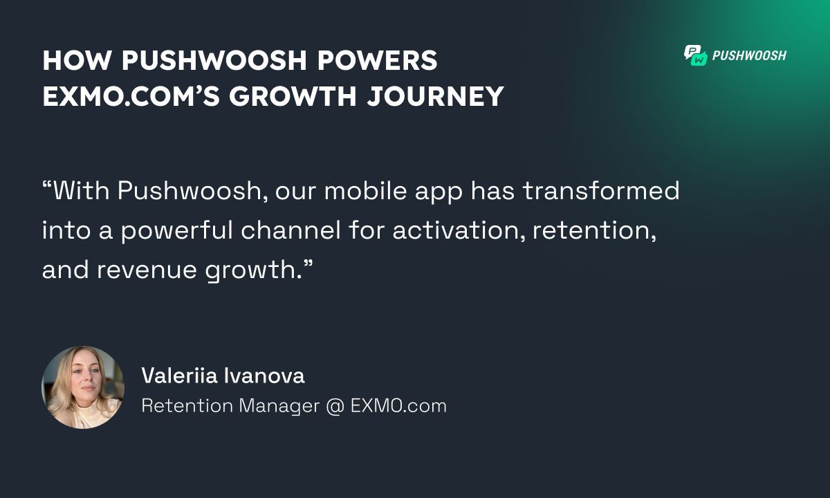 EXMO.com 🤝 Pushwoosh:
 ✔️ 88% of users reachable via push
 ✔️ Push notifications with 2x higher CTR than industry benchmarks
 ✔️ In-app promos achieving a 7.8% conversion rate (up from 5%)
Read the full story 👉 buff.ly/HPpWPSQ