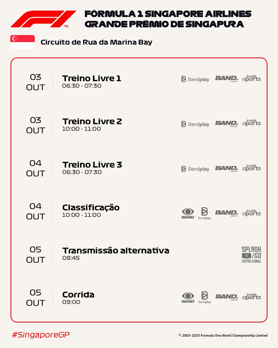 splashand_go's tweet image. No ar a programação para este final de semana - GP de Singapura em Marina Bay. Teremos F1 e F1 Academy. 

Todos os horários estão no fuso de Brasília. Fiquem de olho porque a corrida acontece no domingo 09h - e 15minutos antes da largada entramos ao vivo para nossa transmissão em…