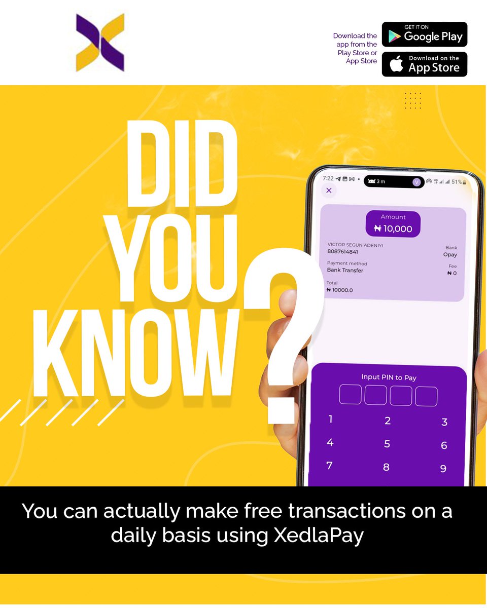 XedlaPay's tweet image. Why pay bank charges when you can send money for ₦0 every day? 💜
With XedlaPay, free transfers are the norm!!!
#ZeroTransferFees #XedlaPay #securepayments