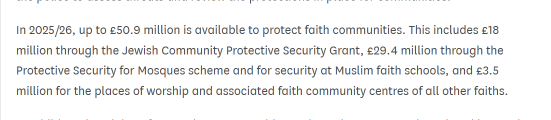 Yesterday's response to Sayeeda Warsi's written question. £11.4m more is allocated to security for mosques/muslim schools than to Jewish security, even though in the UK the primary domestic terrorist threat comes from Islamist terrorism.