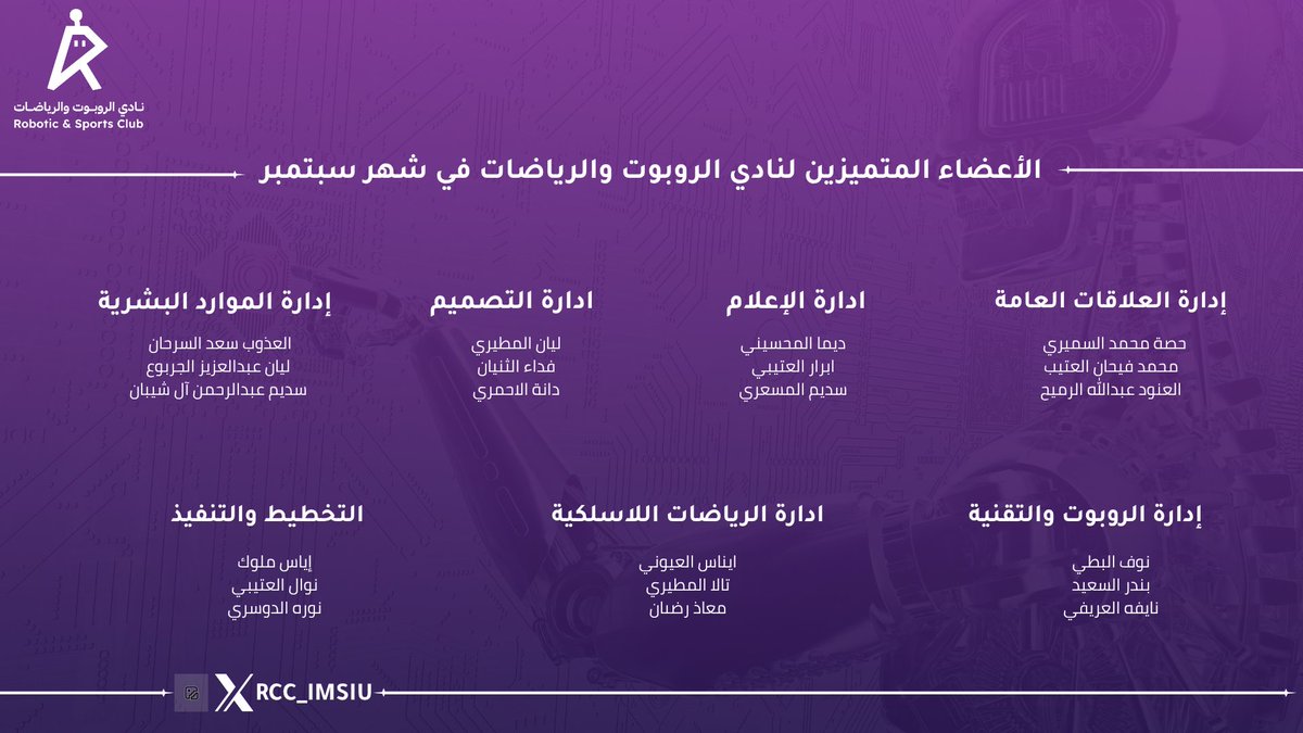نفخر بإنجازاتكم وعطائكم المتواصل،
ويسعدنا أن نتقدم بالتهاني للقادة والأعضاء المميزين لشهر سبتمبر على جهودهم المثمرة ومساهماتهم القيّمة.
إن ما تقدمونه من التزام وإبداع يمثل حجر الأساس في مسيرة التميز والنجاح.
شكرًا لعطائكم المستمر، فأنتم دائمًا شركاء الريادة 💜.