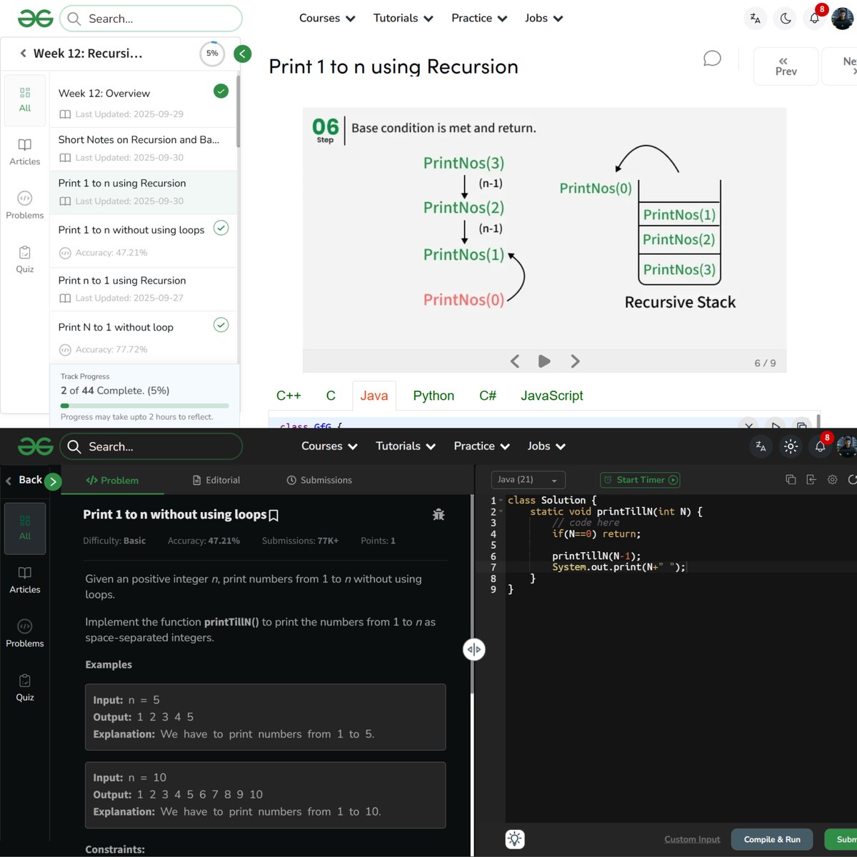 amanhaidry's tweet image. 🗓️Day 71/100
#100DaysOfCode with @geeksforgeeks 🚀

#Recursion in #DSA
✅Print 1 to N
✅Print N to 1
✅Sum of First N
✅Fibonacci

🔗Course Link: geeksforgeeks.org/nation-skill-u…

#skillupwithgfg #nationskillup #100DaysOfDSA #geeksforgeeks #gfg #100DaysOfcoding #code #coding #java