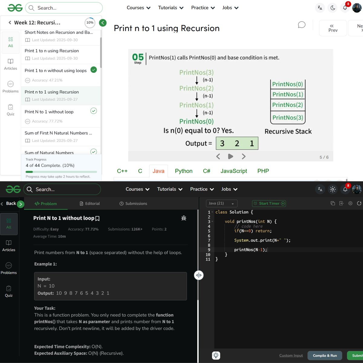 amanhaidry's tweet image. 🗓️Day 71/100
#100DaysOfCode with @geeksforgeeks 🚀

#Recursion in #DSA
✅Print 1 to N
✅Print N to 1
✅Sum of First N
✅Fibonacci

🔗Course Link: geeksforgeeks.org/nation-skill-u…

#skillupwithgfg #nationskillup #100DaysOfDSA #geeksforgeeks #gfg #100DaysOfcoding #code #coding #java