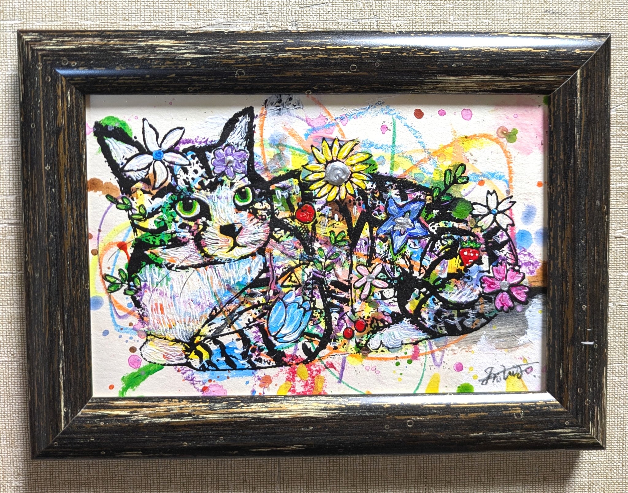 手作額付き銅版画　title「回想ニャンコ」 割安価格❗手作り額付き銅版画作品title「きらめきニャンコ」