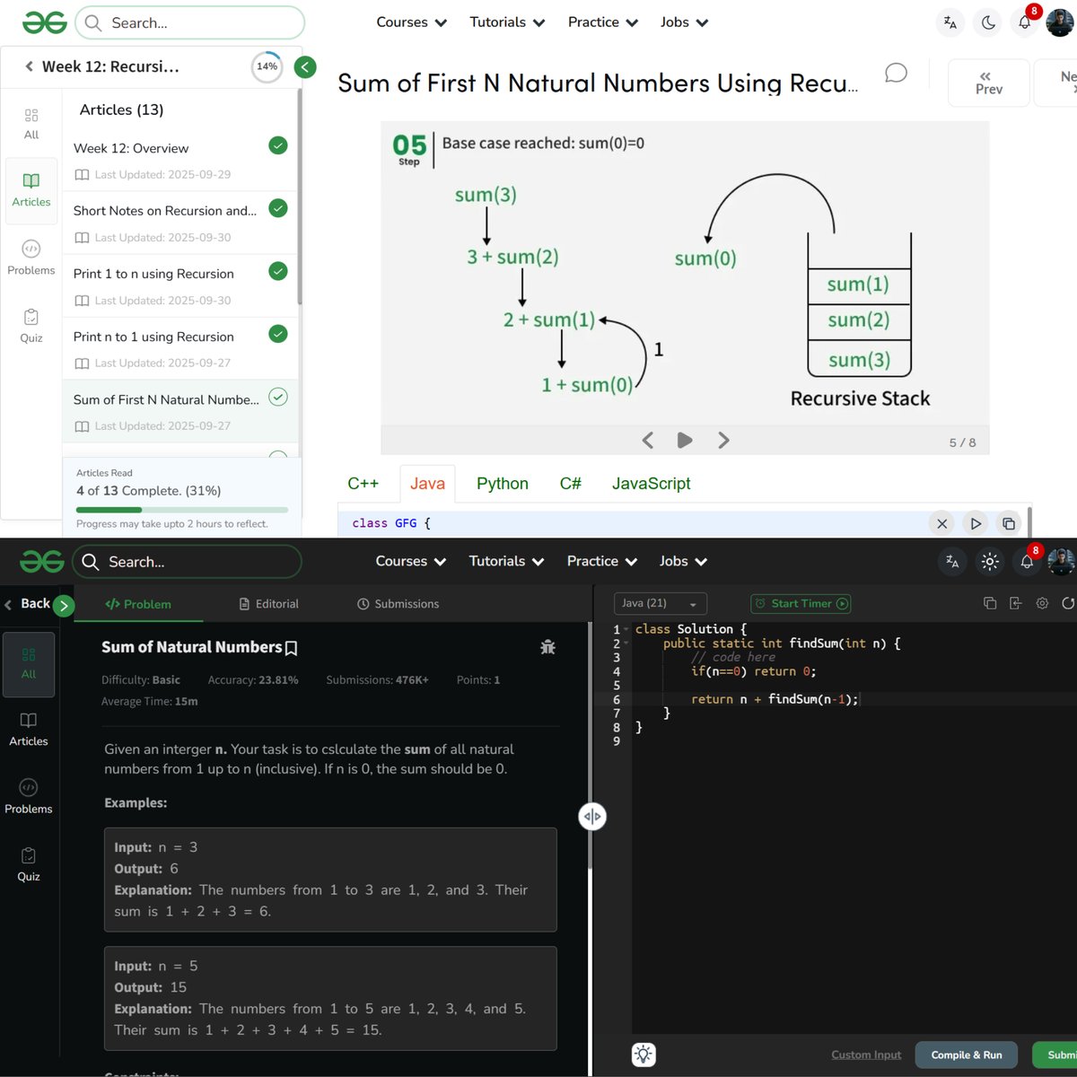 amanhaidry's tweet image. 🗓️Day 71/100
#100DaysOfCode with @geeksforgeeks 🚀

#Recursion in #DSA
✅Print 1 to N
✅Print N to 1
✅Sum of First N
✅Fibonacci

🔗Course Link: geeksforgeeks.org/nation-skill-u…

#skillupwithgfg #nationskillup #100DaysOfDSA #geeksforgeeks #gfg #100DaysOfcoding #code #coding #java