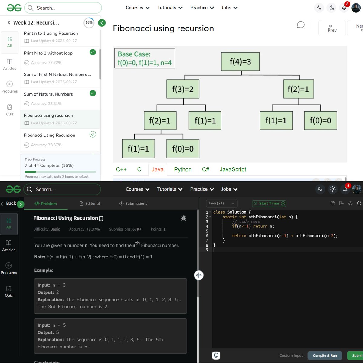 amanhaidry's tweet image. 🗓️Day 71/100
#100DaysOfCode with @geeksforgeeks 🚀

#Recursion in #DSA
✅Print 1 to N
✅Print N to 1
✅Sum of First N
✅Fibonacci

🔗Course Link: geeksforgeeks.org/nation-skill-u…

#skillupwithgfg #nationskillup #100DaysOfDSA #geeksforgeeks #gfg #100DaysOfcoding #code #coding #java