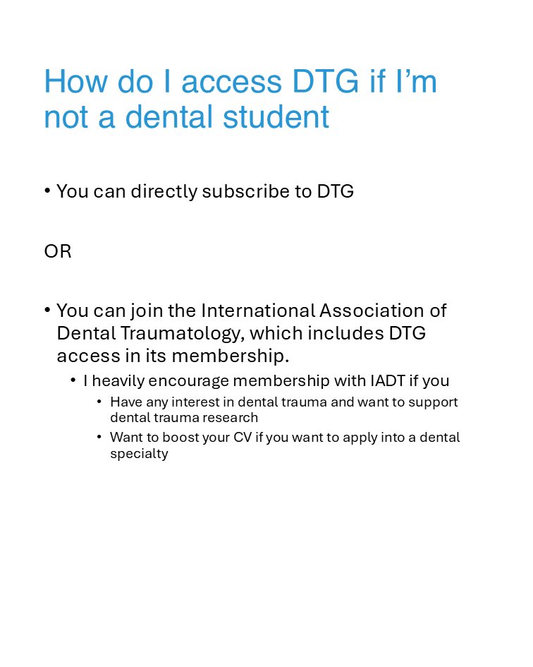 Did you know that dental students can get institutional access for 1 year with Dental Trauma Guide? If you (an educator) didn’t know, please reach out to DTG. If you’re a student and you don’t have access, reach out to your course coordinator.