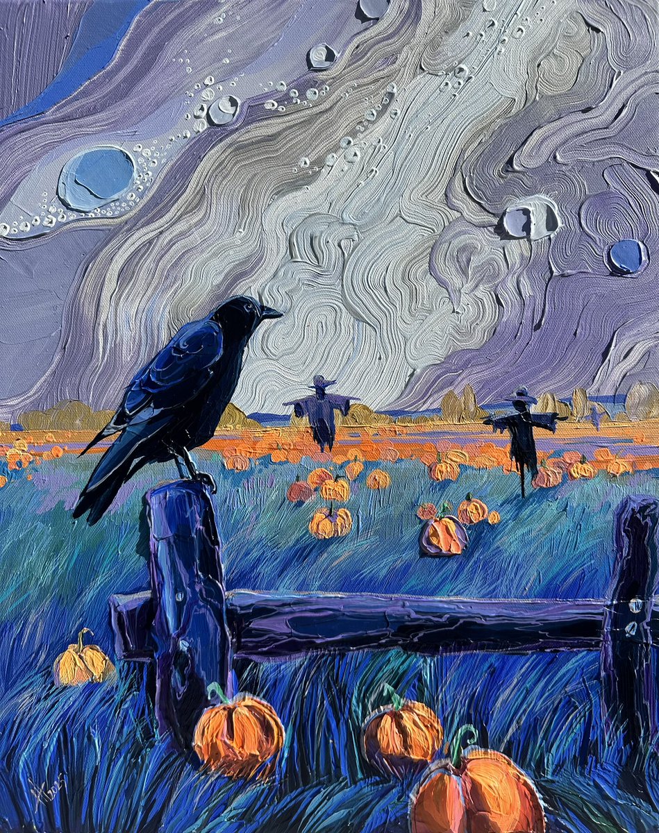 amtrusova's tweet photo. Acrylic on canvas 40*50 cm „Scarecrow“

This painting feels like a little autumn story, where the air is filled with mystery and the anticipation of celebration.
The silhouettes of scarecrows in the distance, the glow of pumpkins in the grass, and the cosmic sky above — all merge into an atmosphere of magic and wonder.

I love creating such images: when an ordinary field suddenly turns into a fairytale world, where the crow becomes the keeper of secrets and the night sky reveals endless imagination. 

#texturalimpressionism #anastasiatrusova #atrusovaartist #artcollector #pumpkinfield #scarecrowart #autumnpainting #starrynightvibes #crowpainting #heavypainting #impastoart #acrylicpainting #fantasyart #pumpkinseason