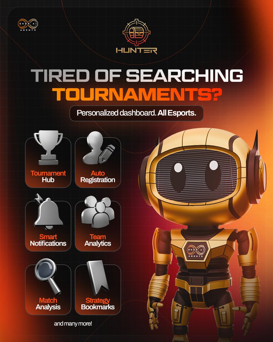 theskorai's tweet photo. 🚀 Agent Hunter – Your Esports Copilot

No more wasted time jumping between platforms. With Agent Hunter, you get a personalized hub that simplifies how you play, compete, and stay ahead.

Centralized access to tournaments

Smart notifications to never miss an update

In-depth analytics and seamless registration

Everything you need to focus on performance is now in one place.