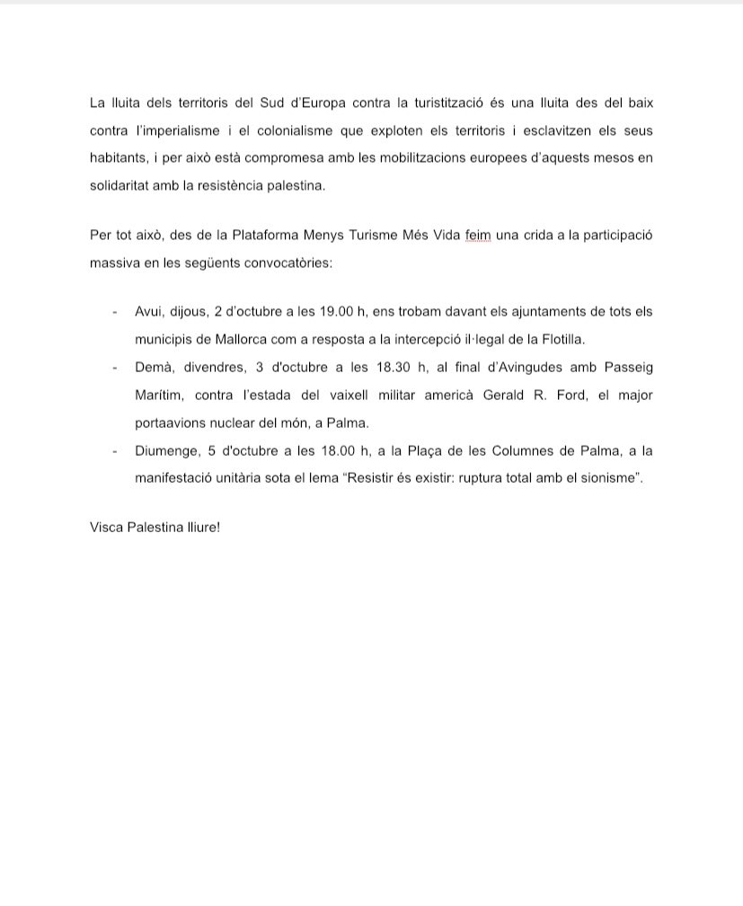 🇵🇸 COMUNICAT | Menys Turisme Més Vida en suport a la Flotilla i la resistència Palestina.