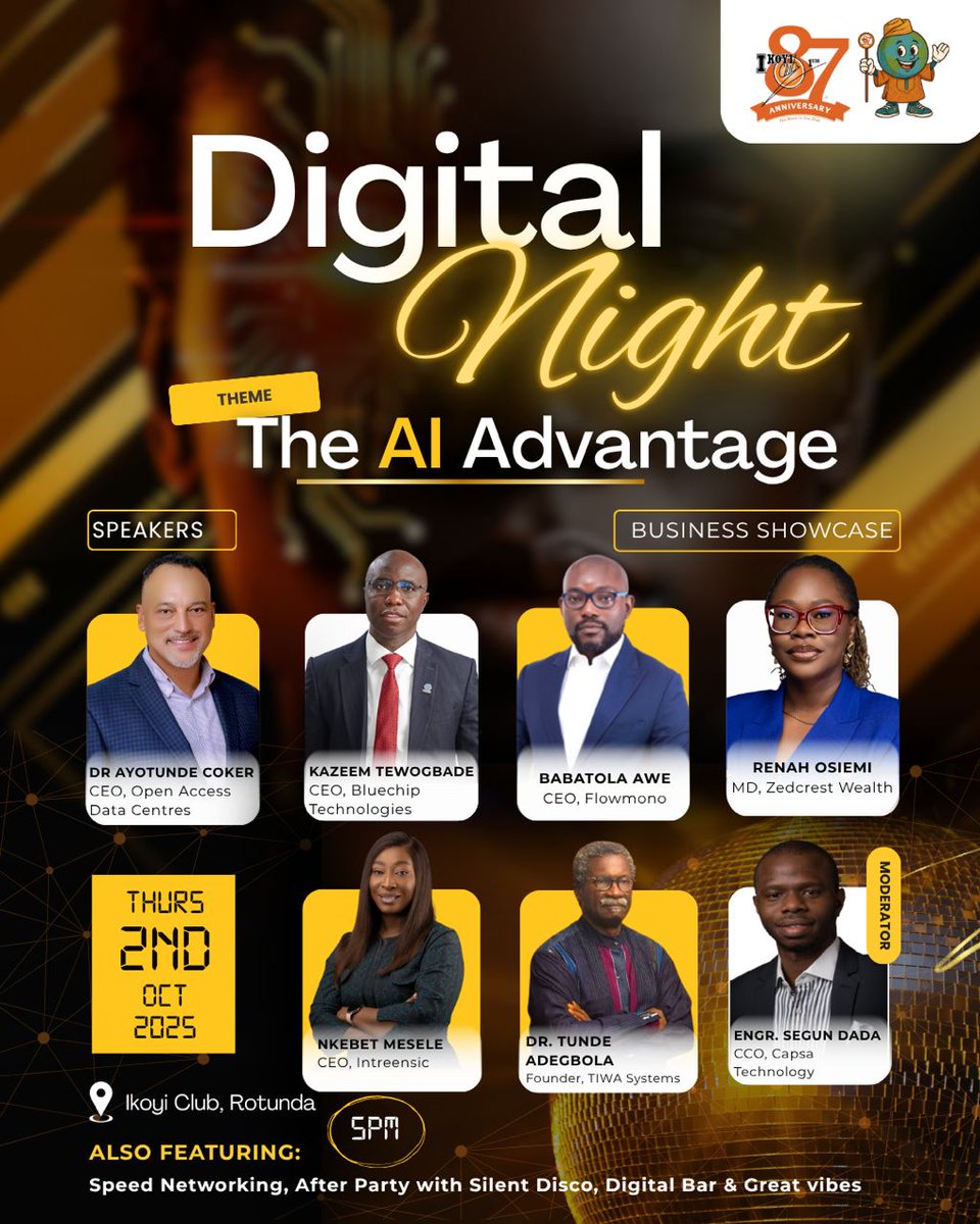 We're excited to announce that our very own Capsa CCO, Engr. Segun Dada, will be moderating at tonight's Digital Night tech event!

This promises to be a night of powerful ideas, brilliant minds, cutting-edge business showcases, and the role of AI in today’s business world.