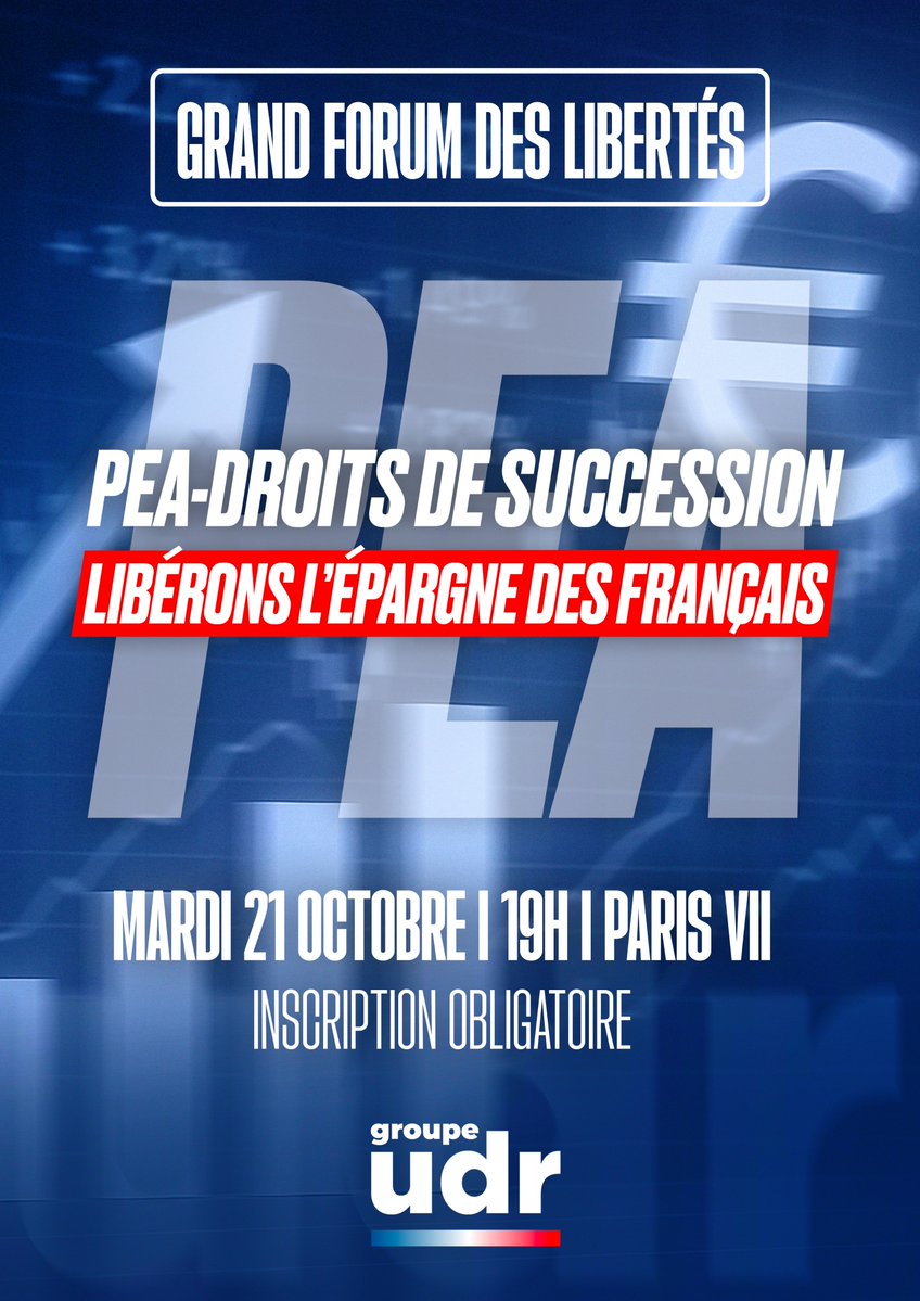 groupeudr's tweet image. Rendez-vous pour l’Acte IV de notre #GrandForumLibertés avec @eciotti, consacré à l'épargne des Français : PEA, droits de succession... libérons l'épargne des Français !
🎟️ INSCRIPTION : urls.fr/KAOT67