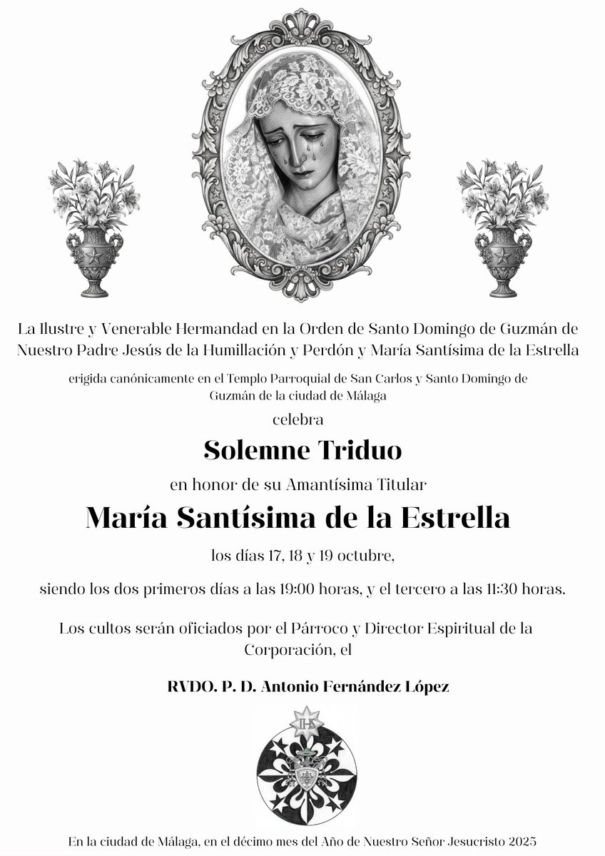 🔊 Convocatoria de cultos | Solemne Triduo en honor a María Santísima de la Estrella.

#CofradíasMLG