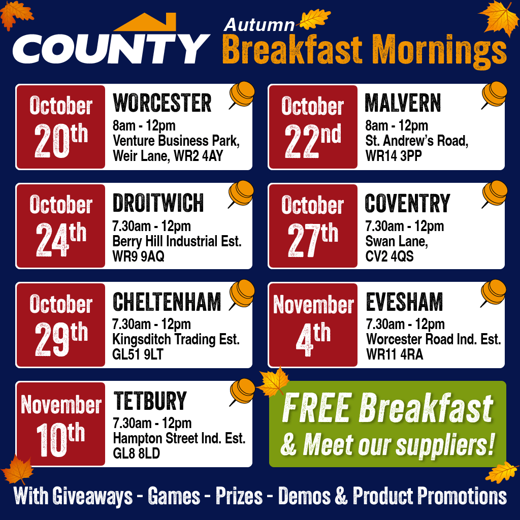 CountyGroupUK's tweet image. Have a look at what's coming to a branch near you!!! Join us for breakfast, games, giveaways, special offers, demos and more!!
Find your local branch here: countyonline.co.uk/branches

#fakro #soudel #timco #castleclothing #ufh #knauf
