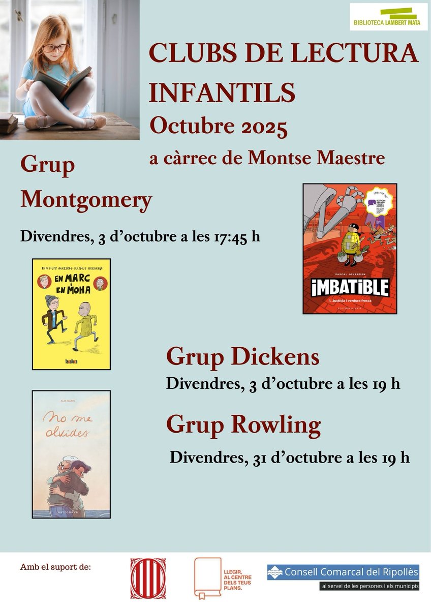 📚 Continuen els clubs de lectura infantils a la Biblioteca Lambert Mata de #Ripoll! Aquests són els del mes d'octubre, que comencen aquest divendres:

<a href="/BiblioRipoll/">bibliotecaripoll</a>