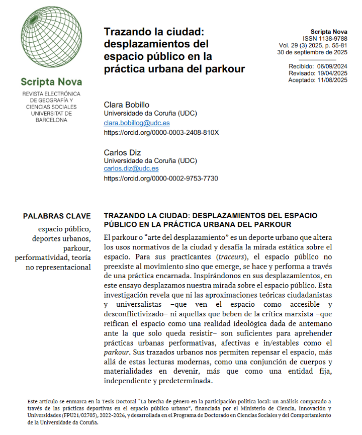 esomi_udc's tweet photo. 📝 ¡Nuevo artículo!
🤸 Trazando la ciudad: desplazamientos del espacio público en la práctica urbana del parkour
✍️ Clara Bobillo González (ESOMI-UDC)
✍️ Carlos Diz (ESOMI-UDC, CISPAC)
👉 https://t.co/XTHF5nGV9z
#Parkour #SociologíaUrbana #Investigación #UDC #ESOMI #CISPAC https://t.co/RriAmVAYtm