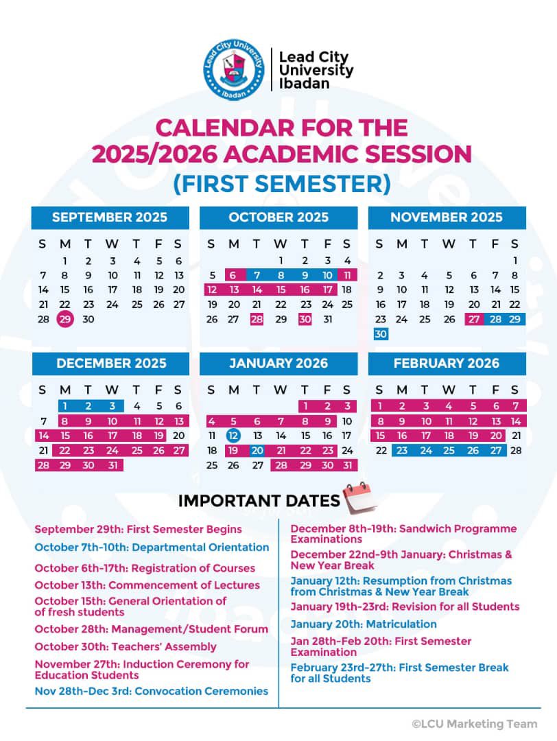 LeadcityIB's tweet image. Lead City University Academic Calendar 2025/2026 

The official Undergraduate academic calendar for the 2025/2026 academic session is here.
Get ready to step into a year of opportunities, innovation, and growth at Lead City University.