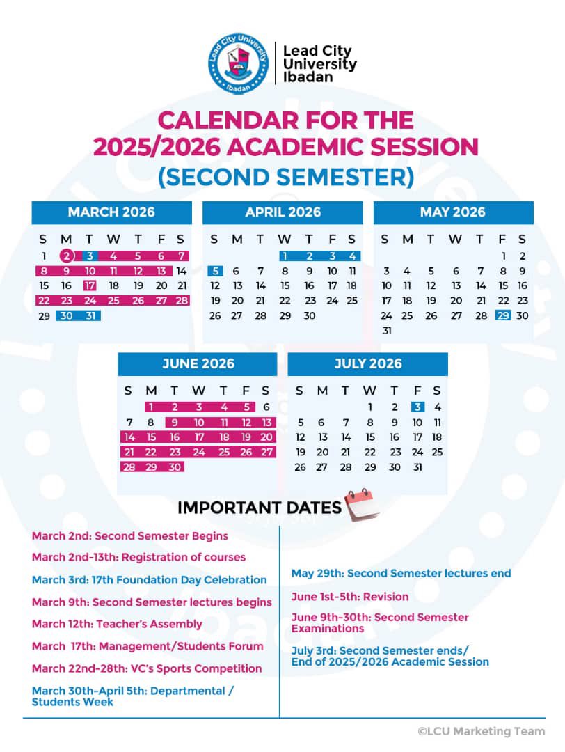 LeadcityIB's tweet image. Lead City University Academic Calendar 2025/2026 

The official Undergraduate academic calendar for the 2025/2026 academic session is here.
Get ready to step into a year of opportunities, innovation, and growth at Lead City University.