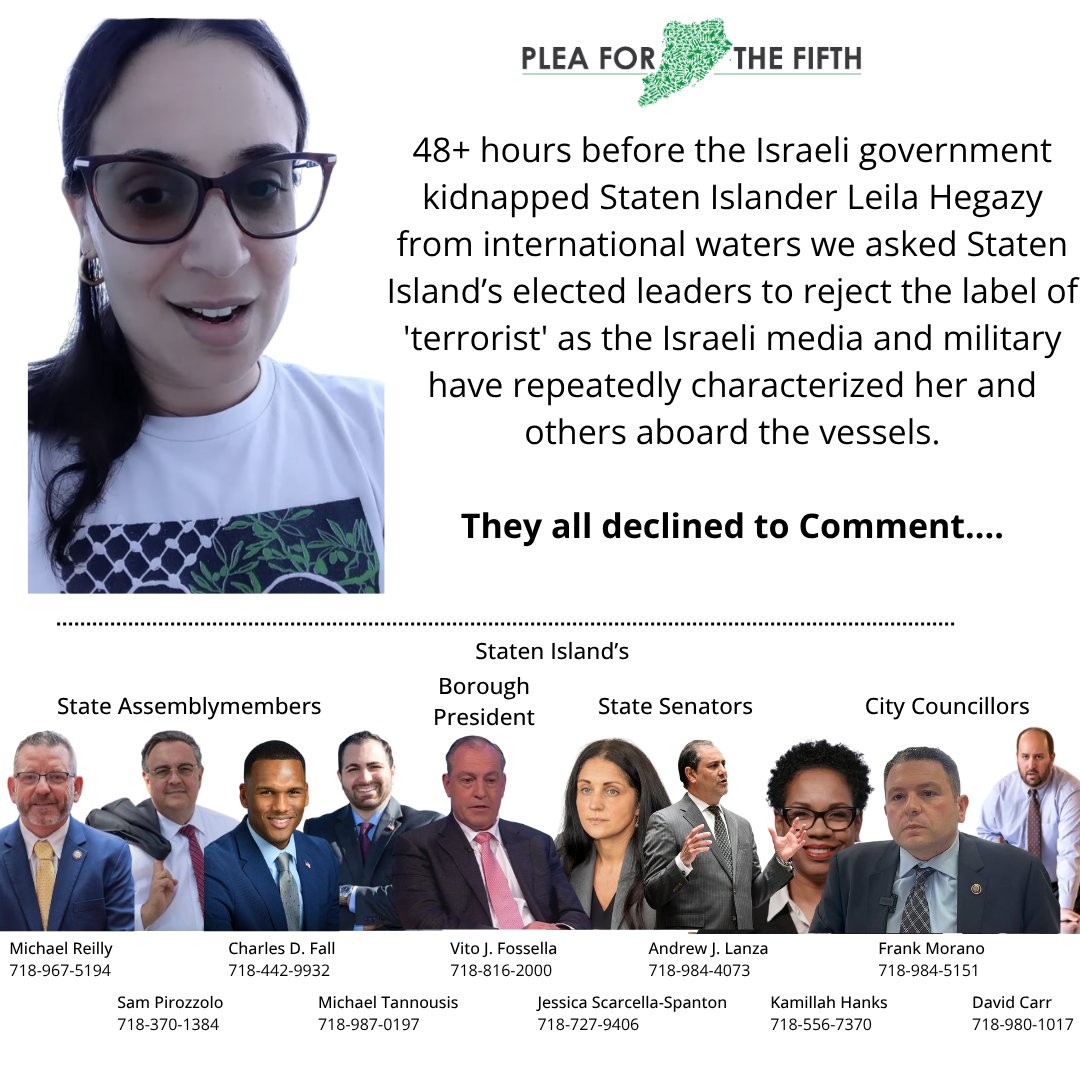 pleaforthefifth's tweet photo. A Staten Island musician had been kidnapped by the Israeli military in international waters for attempting to feed Palestinians under starvation siege, and our elected leaders have yet to condemn it.
@CMDMCarr 
@CMFrankMorano 
@KamillahMHanks 
@senatorlanza 
@NYSenator_JSS https://t.co/6pU8KCkj5G
