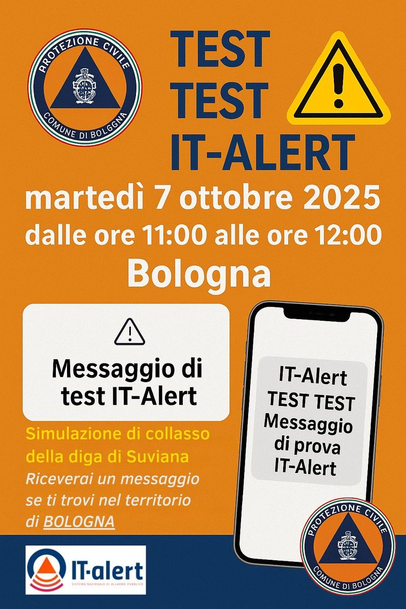 🚨 ESERCITAZIONE IT-ALERT – 7 OTTOBRE 2025 🚨
Martedì 7 ottobre alle ore 11.00 in gran parte della provincia di Bologna si svolgerà un test nazionale del sistema di allarme pubblico IT-Alert.

ℹ️ Maggiori informazioni su comune.bologna.it/novita/notizie…