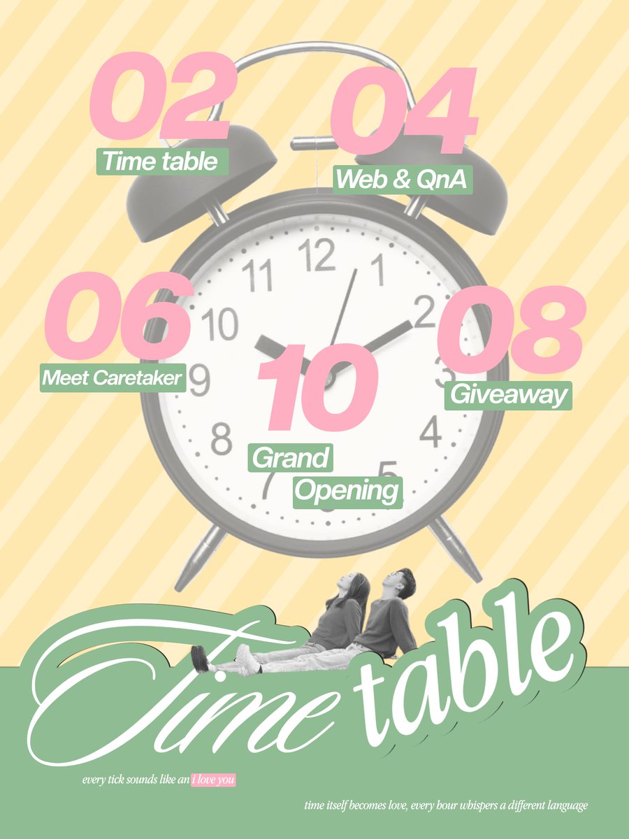 ᅠ
⊹ ࣪ ˖⏰ ୭˚.. 𝐄𝐯𝐞𝐫𝐲 𝐩𝐚𝐠𝐞 𝐨𝐟 𝐭𝐢𝐦𝐞 turns with care, lining up days that feel quietly alive. This timetable is only the beginning, carrying 𝒕‌𝒉‌𝒓‌𝒆‌𝒂‌𝒅‌𝒔‌ 𝒐‌𝒇‌ 𝒂‌𝒇‌𝒇‌𝒆‌𝒄‌𝒕‌𝒊‌𝒐‌𝒏 that lead toward something yet to come. 𓍼ོ
ᅠ
