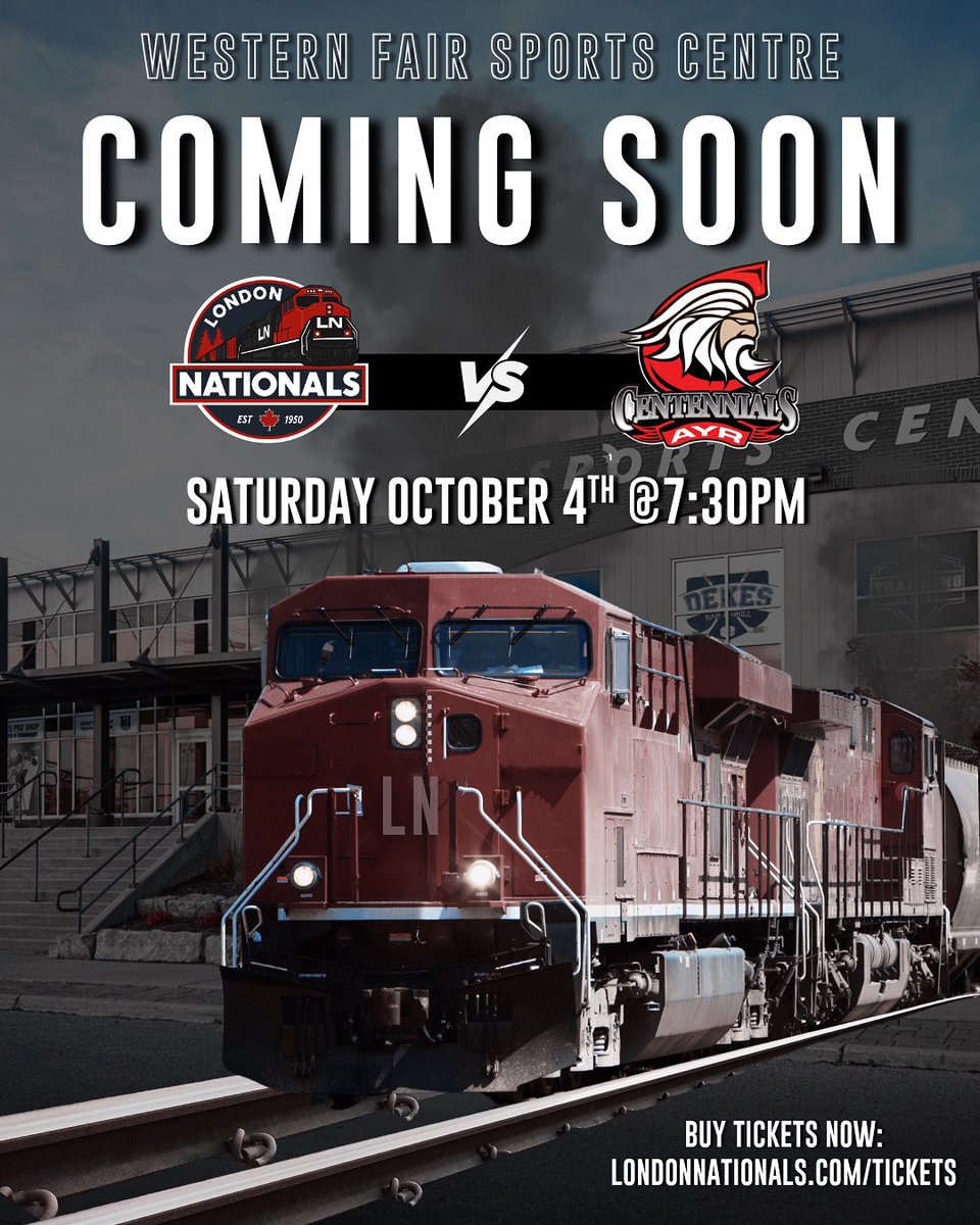 🚨 GAME DAY COUNTDOWN 🚨
 London Nationals vs Ayr Centennials
 📅 Sat Oct 4 | ⏰ 7:30PM 📍 Western Fair Sports Centre

🎟️ $13 GA | $20 Club Seats
👉 londonnationals.com/tickets

#LondonNationals #GOJHL #BackOnTrack