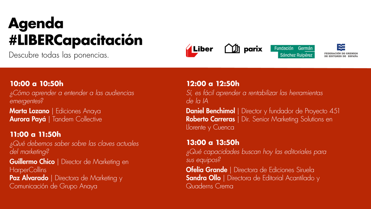 📖 Agenda | #LIBERCapacitación.
Explora quiénes participarán en la jornada y las temáticas que abordarán. ⬇️

📅 Martes, 7 de octubre.
📍 IFEMA | Sala 14.6.

🔗 Adquiere tu pase gratuito para asistir al evento con el código INVITACIONFGEE25 en ifema.es/liber.