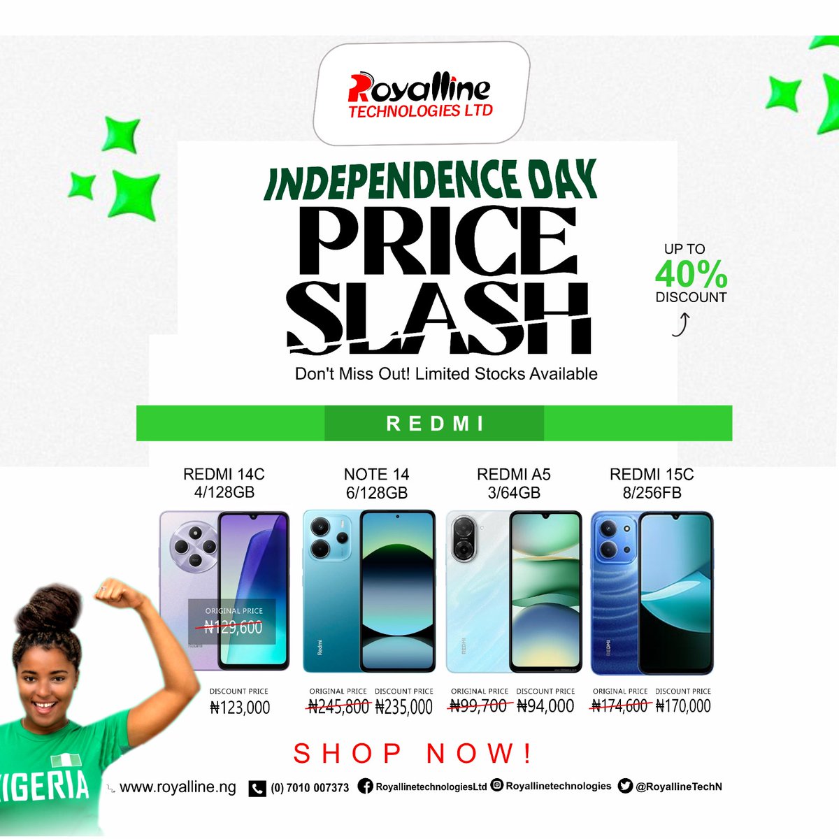 RoyallineTechN's tweet image. 🇳🇬 Independence just got sweeter!
Up to 40% OFF on Phones &amp;amp; More this season at Royalline.
🔥 Freedom from high prices starts NOW.
📍 Nationwide Stores | 📞 0701 000 7373 | 🌐 royalline.ng
#RoyallineTech #IndependencePromo #PriceSlash