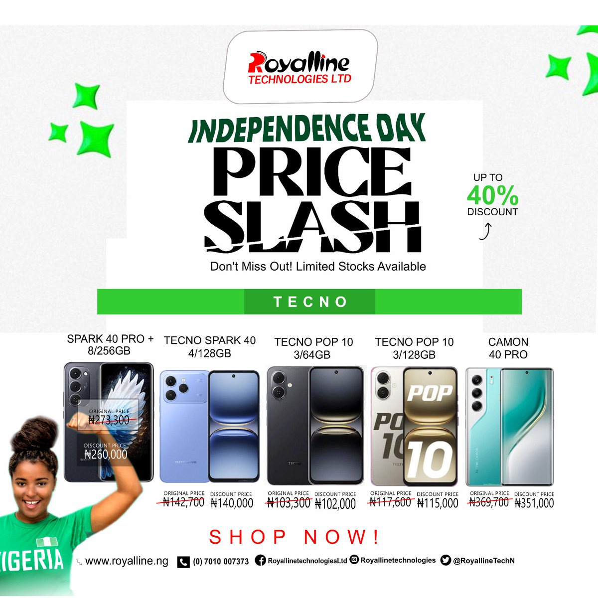 RoyallineTechN's tweet image. 🇳🇬 Independence just got sweeter!
Up to 40% OFF on Phones &amp;amp; More this season at Royalline.
🔥 Freedom from high prices starts NOW.
📍 Nationwide Stores | 📞 0701 000 7373 | 🌐 royalline.ng
#RoyallineTech #IndependencePromo #PriceSlash