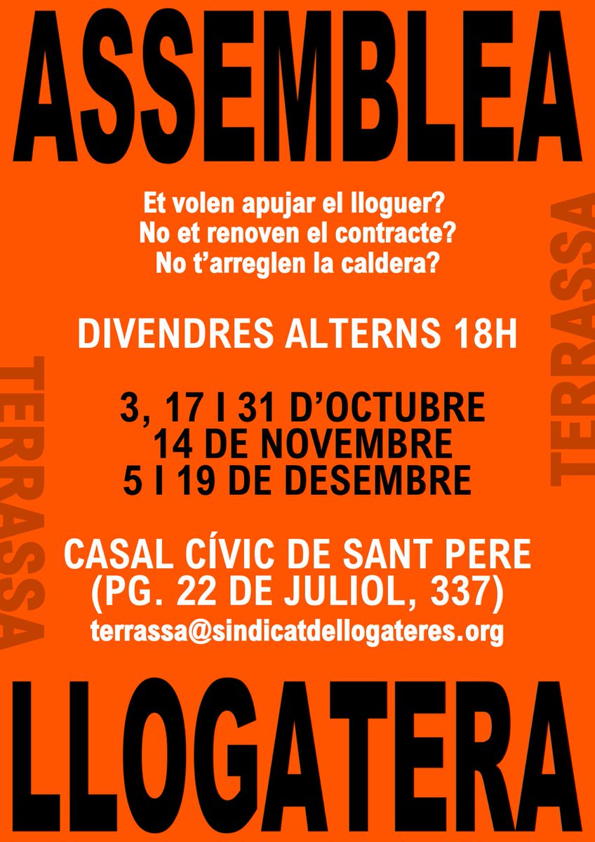 SEGUIM amb les assemblees llogateres!

📈 Et volen apujar el lloguer?
💰 No et tornen la fiança?
🏠 Et fan fora de casa?
🛀 No t’arreglen la caldera?

📍Ens trobem demà a les 18h, al Casal Cívic de Sant Pere⤵️
