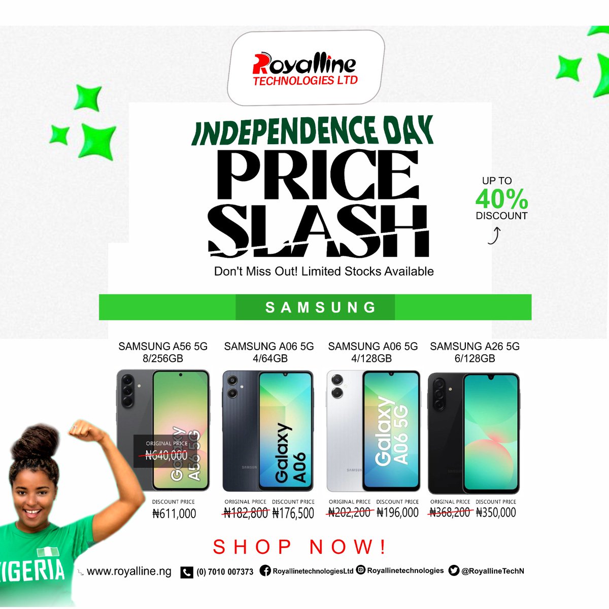 RoyallineTechN's tweet image. 🇳🇬 Independence just got sweeter! Up to 40% OFF on Phones &amp;amp; More this season at Royalline. 🔥 Freedom from high prices starts NOW.

📍 Nationwide Stores | 📞 0701 000 7373 | 🌐 royalline.ng #RoyallineTech #IndependencePromo #PriceSlash