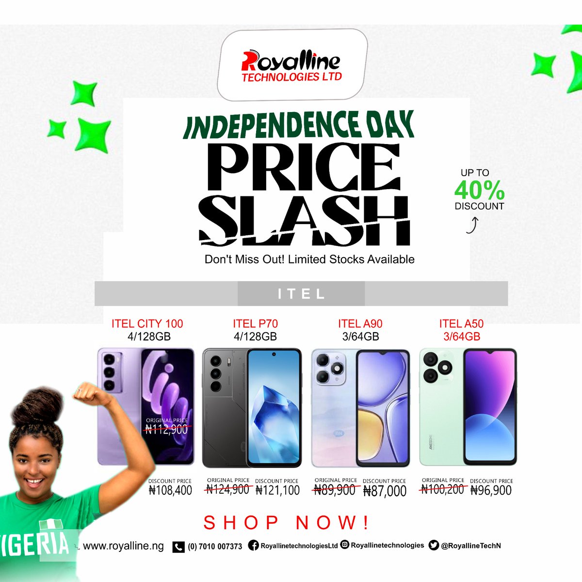 RoyallineTechN's tweet image. 🇳🇬 Independence just got sweeter! Up to 40% OFF on Phones &amp;amp; More this season at Royalline. 🔥 Freedom from high prices starts NOW.

📍 Nationwide Stores | 📞 0701 000 7373 | 🌐 royalline.ng #RoyallineTech #IndependencePromo #PriceSlash