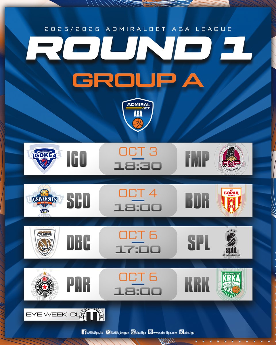 ABA_League's tweet image. Only 1 day left until the new AdmiralBet #ABALiga season tip-off and here's the schedule for the Round 1!
