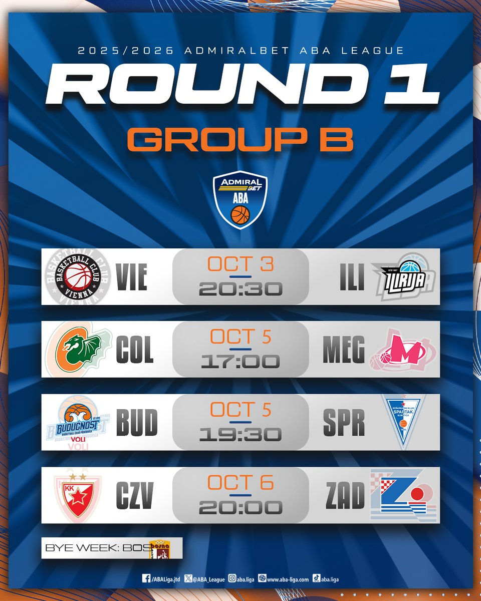 ABA_League's tweet image. Only 1 day left until the new AdmiralBet #ABALiga season tip-off and here's the schedule for the Round 1!