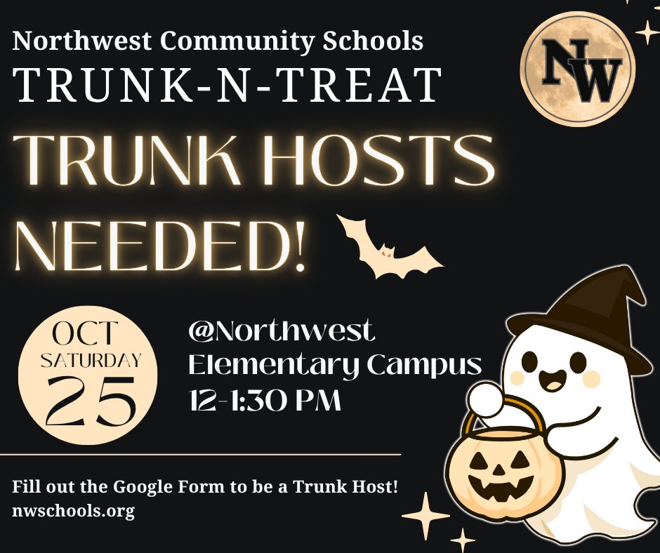 ⚫📢Calling all Trunk Hosts!📢🔴 We are looking for trunks for the 2025 NWCS Trunk-N-Treat event on October 25th!🎃👻🍬 #nwschools
If you are looking to host a trunk, fill out the link to register>>> forms.gle/fygzEShorkDq5Y…