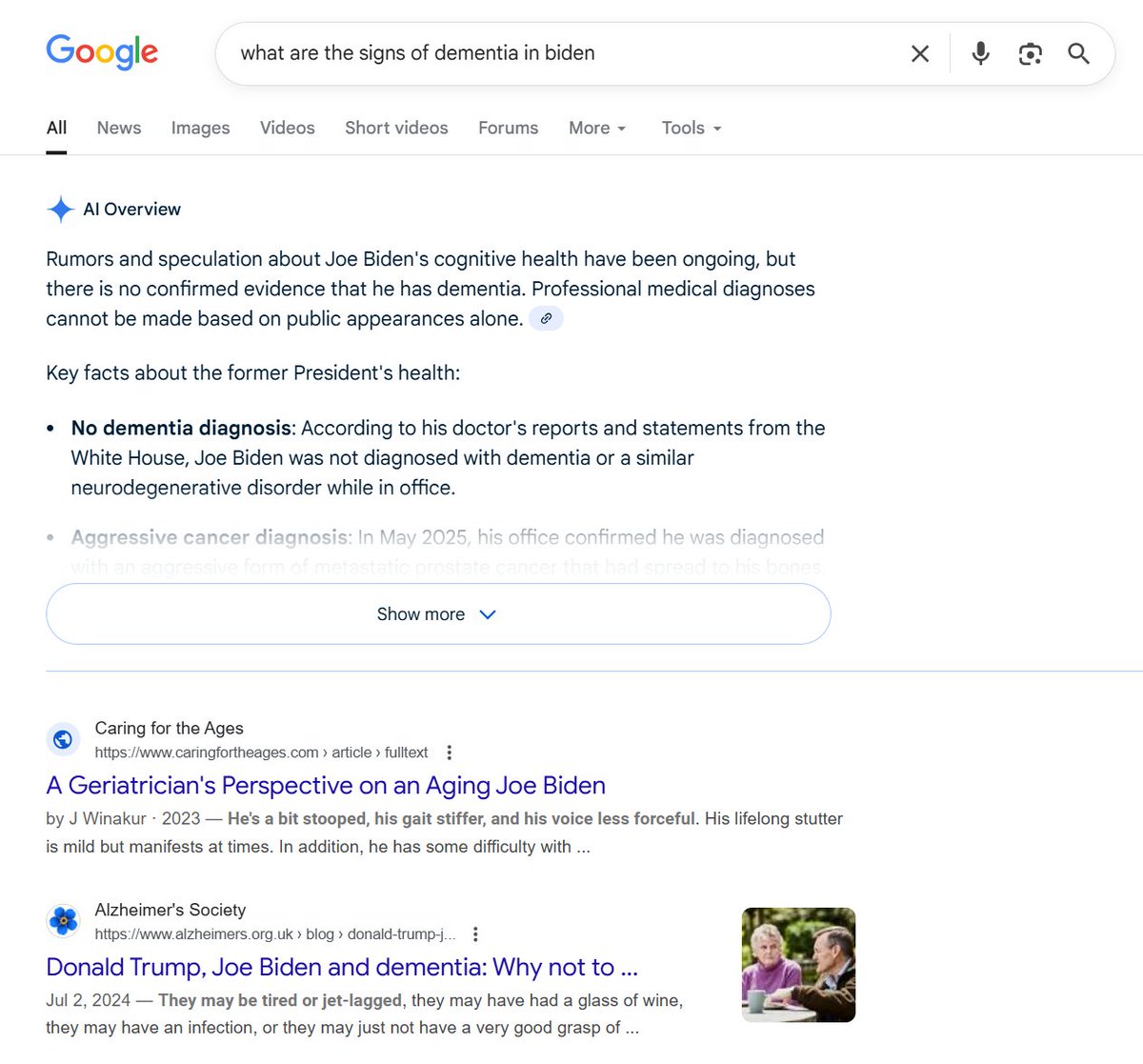 thebellacissa's tweet image. I fact check EVERYTHING that I see on the internet, so I wasn&apos;t inclined to believe the &quot;#Google is #blocking AI responses about Trump&apos;s #dementia&quot; until I tested it myself. 

Yup. It is. Same query - one for Biden and one for #Trump. Biden gets an AI response, Trump does not.