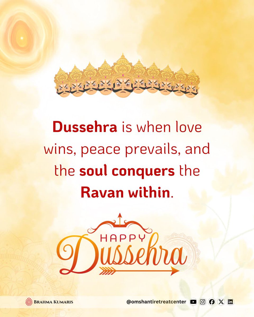 OMSHANTIRETREAT's tweet photo. Dussehra isn’t about burning Ravana outside, it’s about conquering the Ravana within. ✨
When love triumphs,
when peace prevails,
when vices fall — the soul truly wins. 🌸
#Dussehra #InnerVictory #ConquerWithin #SpiritualWisdom #BrahmaKumaris #OmShantiRetreat https://t.co/Fihn4srKzw