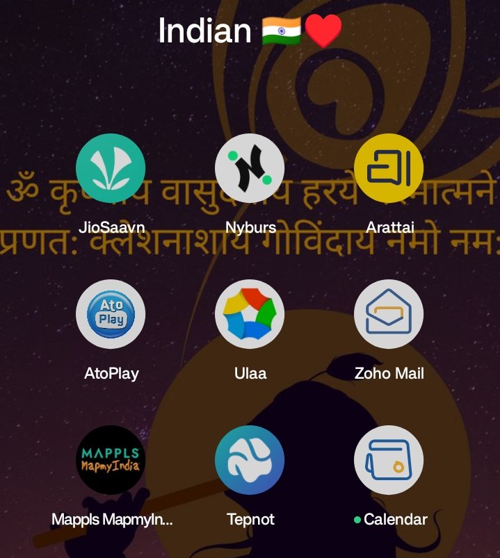 drev_93's tweet photo. • @JioSaavn - @Spotify
• @Nybursapp - @X
• @Arattai - @WhatsApp
• #Atoplay - @YouTube
• @UlaaBrowser -@googlechrome
• @ZohoMail - @gmail
• @mappls - @googlemaps
• @Tepnot - @instagram
• @ZohoCalendar - @googlecalendar https://t.co/RpwPAhz72p