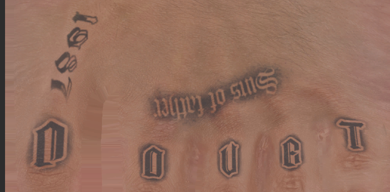 Just in case someone decides to make fan art of Raptor and doesn't know what his tattoo says: I think his tattoos spell out "about faith" but I'm not sure