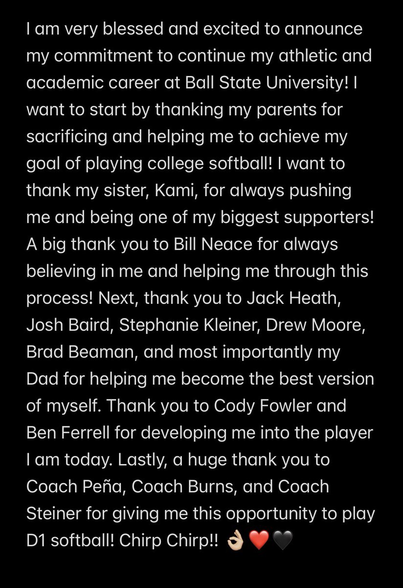COMMITTED! So excited for this next chapter! Chirp Chirp!!👌🏼❤️🖤 <a href="/BallStateSB/">Ball State Softball</a> <a href="/CoachPena_BSU/">Helen Peña</a> <a href="/CoachBurns17/">Matt Burns</a> <a href="/avrey_steiner/">Avrey Steiner</a> <a href="/magicnational08/">Indiana Magic Gold 18U Moore</a> <a href="/MagicNeace/">Indiana Magic Gold 07 Neace</a> <a href="/RedPride_SB/">Plainfield Softball</a> <a href="/CodyFowlerPH/">Cody Fowler</a> <a href="/QuakerSports/">Plainfield Athletics</a>
