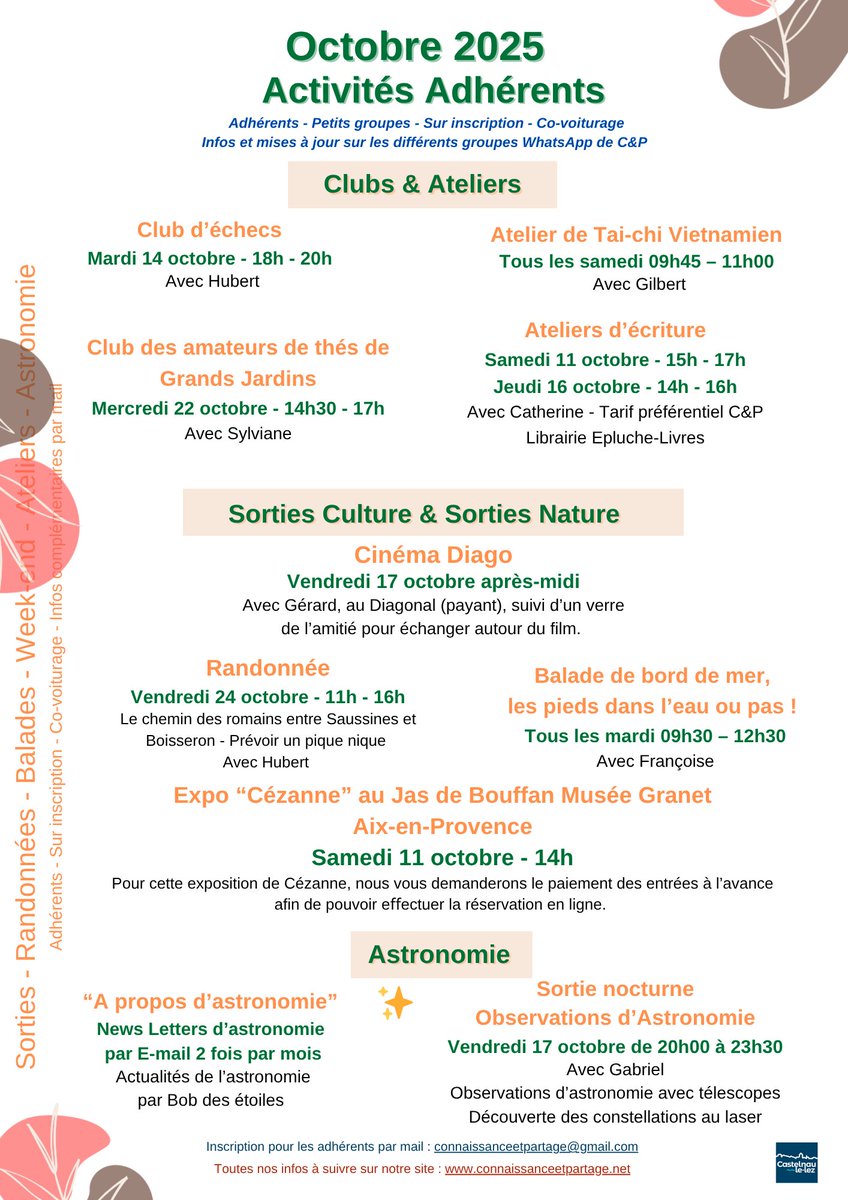 CetPartage's tweet photo. 🌟 Découvrez le programme d’octobre de Connaissance &amp; Partage : cinéma, expos, ateliers et sorties ! 🎬🖼️🌿
📅 Tous les détails et inscriptions : https://t.co/Ik5qs1HEUw
#Culture #ActivitésOctobre #Partage https://t.co/rd6aSdhq9h