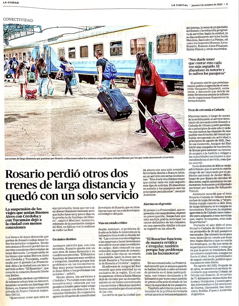 AmigosdelRiel's tweet image. Los trenes de larga distancia suspendidos y la opinión de nuestra entidad, en la edición impresa de hoy en @lacapital
