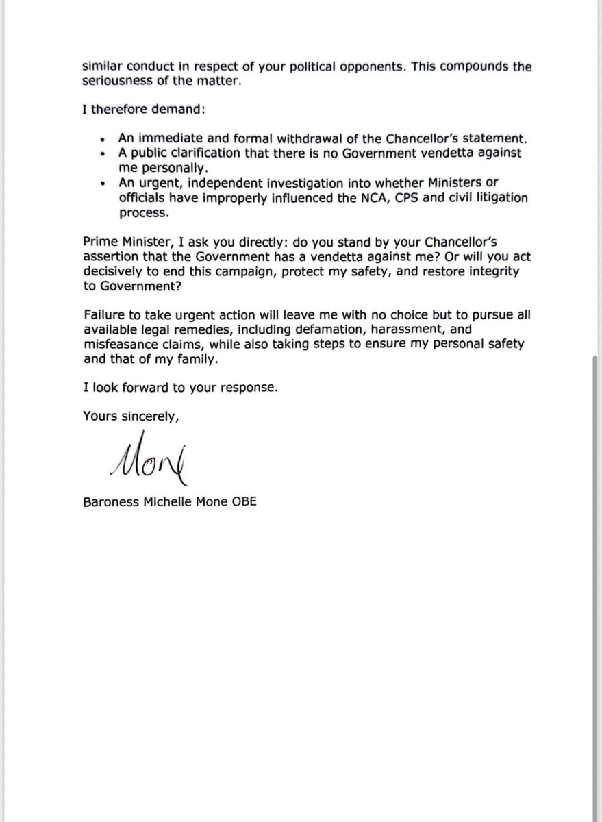 In extraordinary letter to the PM Michelle Mone bites back, accusing Chancellor of endangering her and her family and the state of pursuing a vendetta. “Writing first as a wife, second as a mother, and lastly as a Baroness”