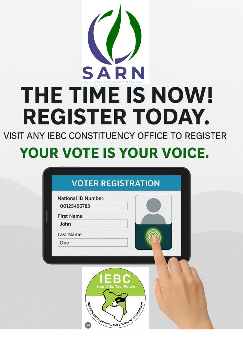 Register today at your nearest #IEBC Constituency Office.
 Your vote is your voice, and your future depends on it.
✅ Don’t wait. Take action. Shape tomorrow.
#VoterRegistration #KenyaDecides #YourVoteYourVoice #CivicEducation #SARN