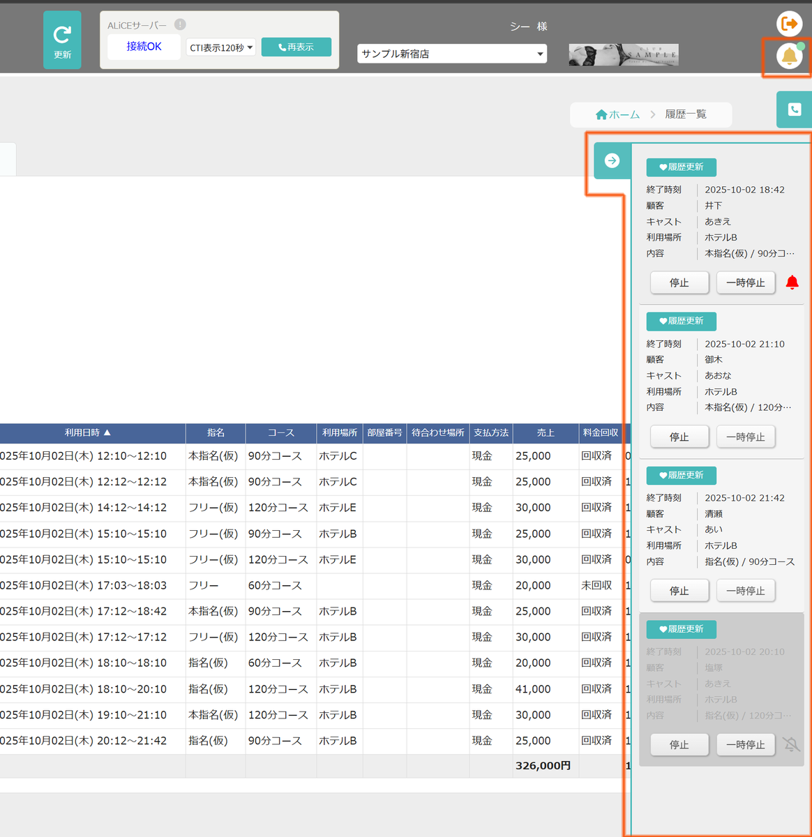 CS3ALiCE's tweet image. 【デリヘル風俗管理システム開発ブログ】

▼CS3 ALiCE サービス紹介▼

【アラーム】

利用履歴を登録すると、開始時間、コース、延長から自動的に終了時間が計算されます。
その終了時間の××分前にアラームを鳴らす機能があります。
※お店側でアラームが鳴る機能です。…