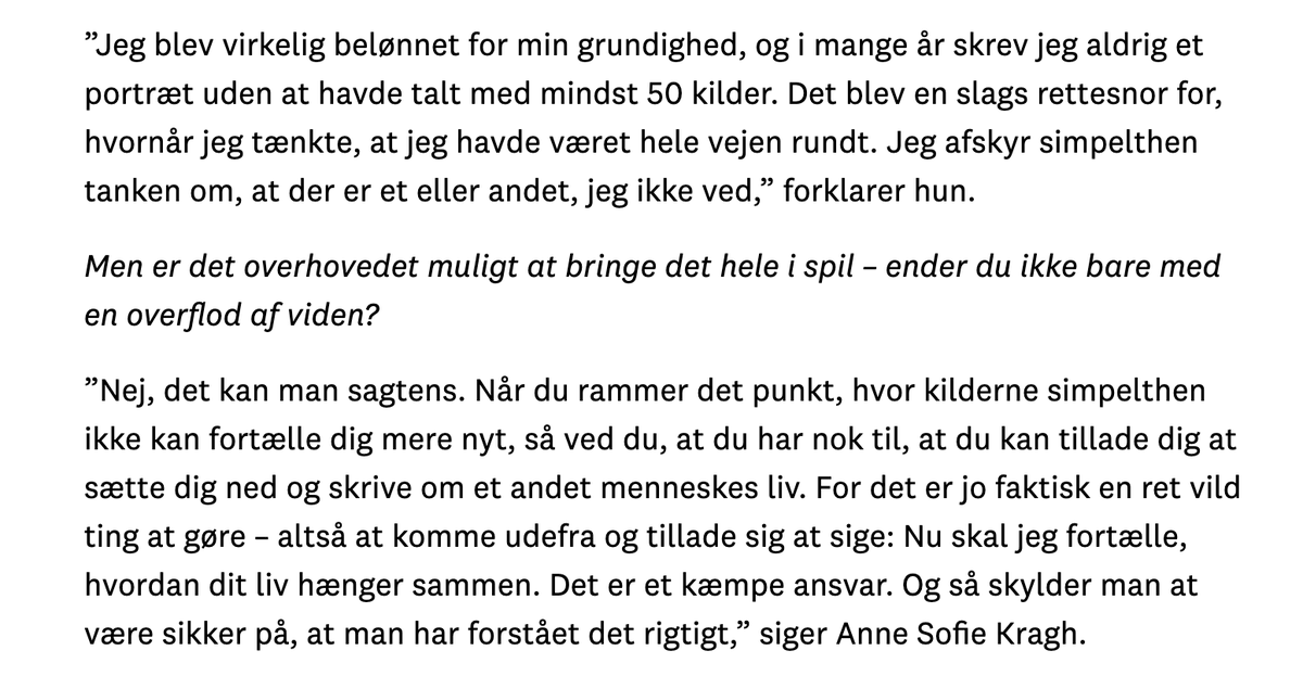 Virker ærlig talt ret slasket fra Anne Sofie Kraghs side. Personligt taler jeg altid med et sted mellem 110 og 140 kilder, hver gang jeg skal skrive et portræt. Men ok, jeg har sgu også altid været sådan en extra mile slags fyr 😮‍💨